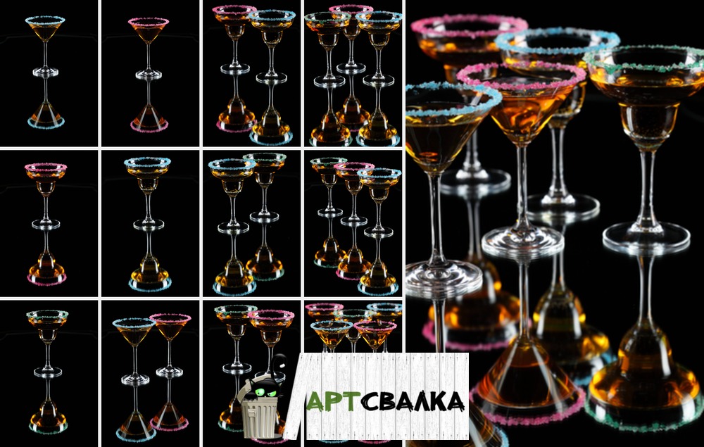 Разноцветные коктейли на черном фоне. | Colorful cocktails on a black background.